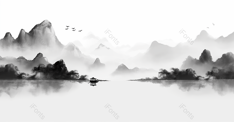 中国风质感山水平静的湖泊上的小船倒映水面黑白水墨风格画艺术背景插画,插画/手绘图,插画/手绘图库,插画/手绘图下载,插画/手绘
